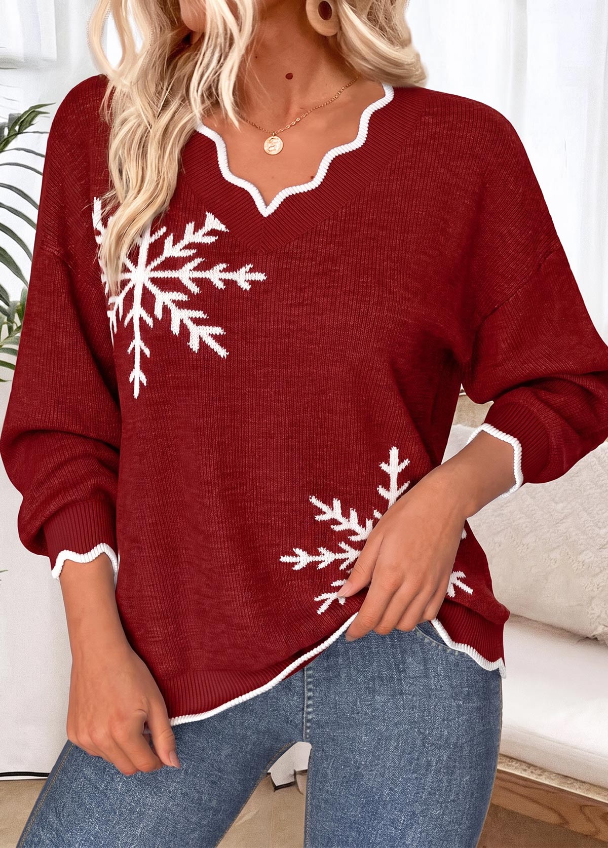 Modlily Wine Red Snowflake Print Long Sleeve V Neck Sweater - M