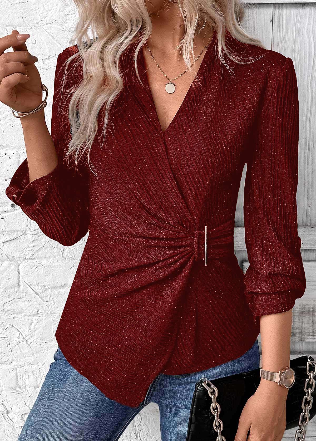 Modlily Wine Red Surplice Long Sleeve V Neck Shirt - XXL