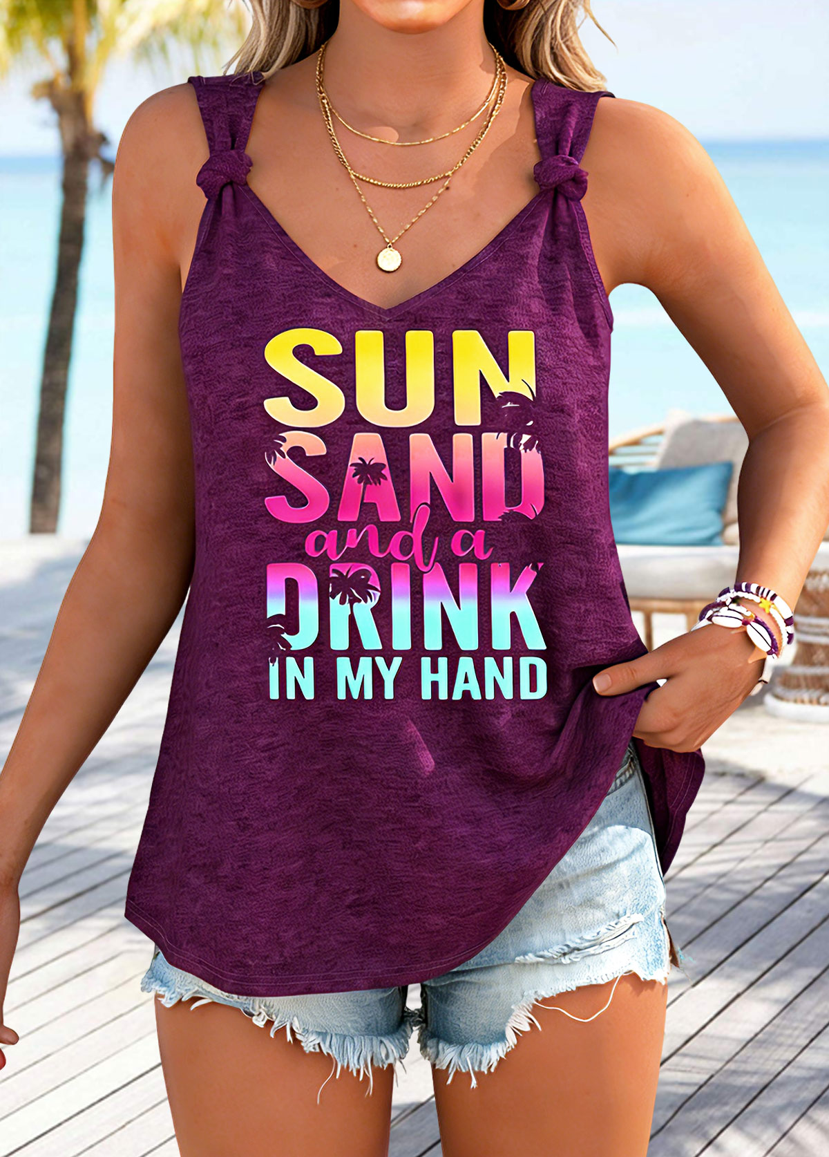 Modlily Wine Red Tie Letter Print Strappy Tank Top - S