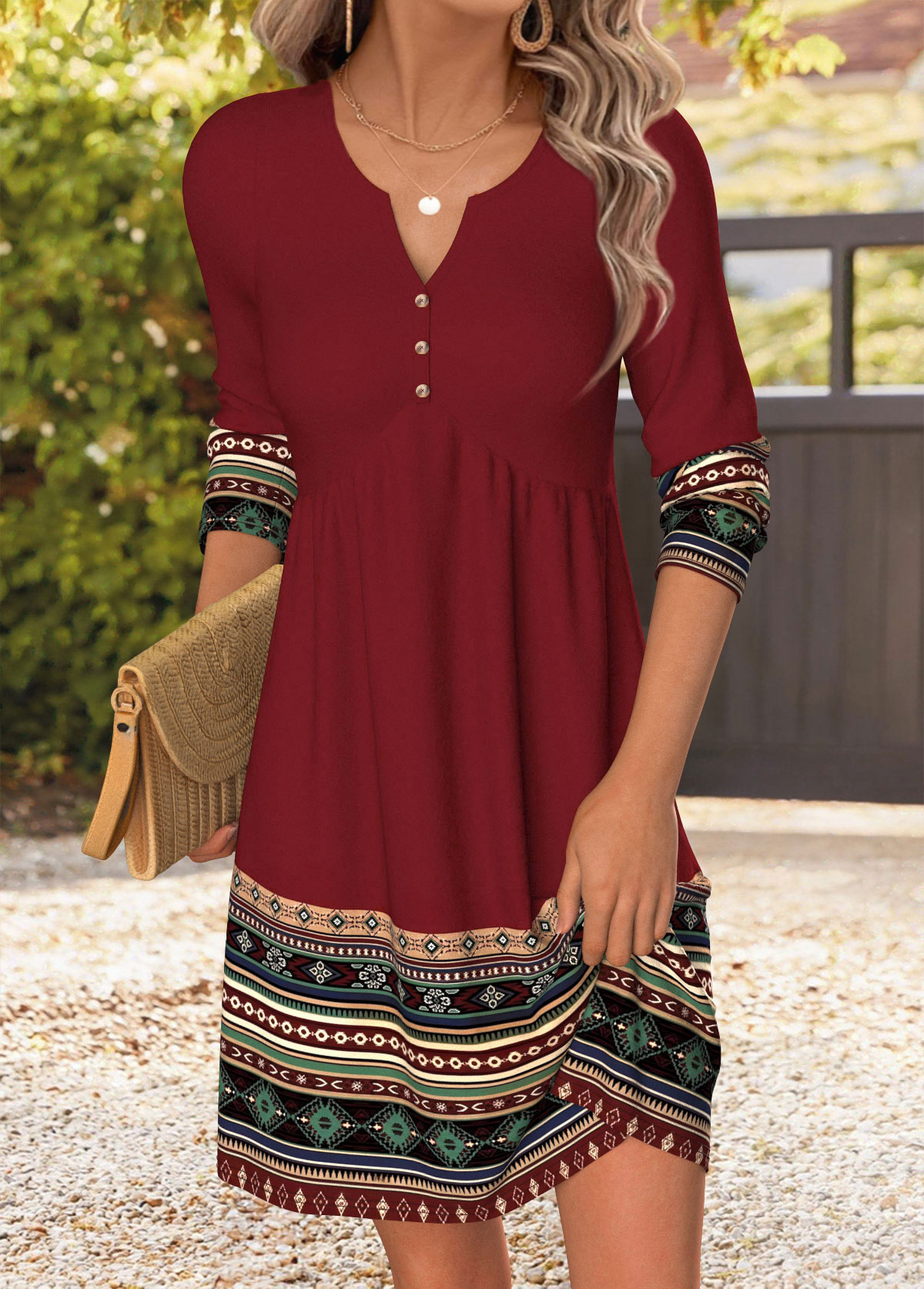 Modlily Wine Red Tribal Print Short Shirred Long Sleeve Dress - S