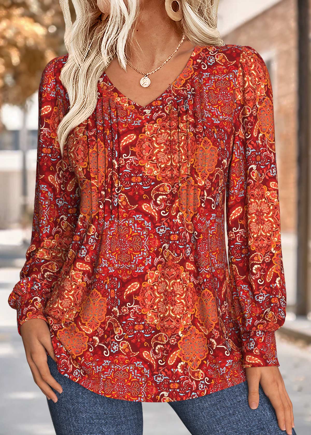 Modlily Wine Red Tuck Stitch Tribal Print T Shirt - L
