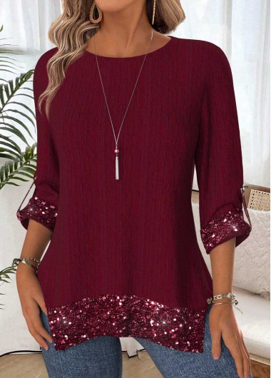 Modlily Wine Red Tummy Coverage 3/4 Sleeve Round Neck Blouse - M
