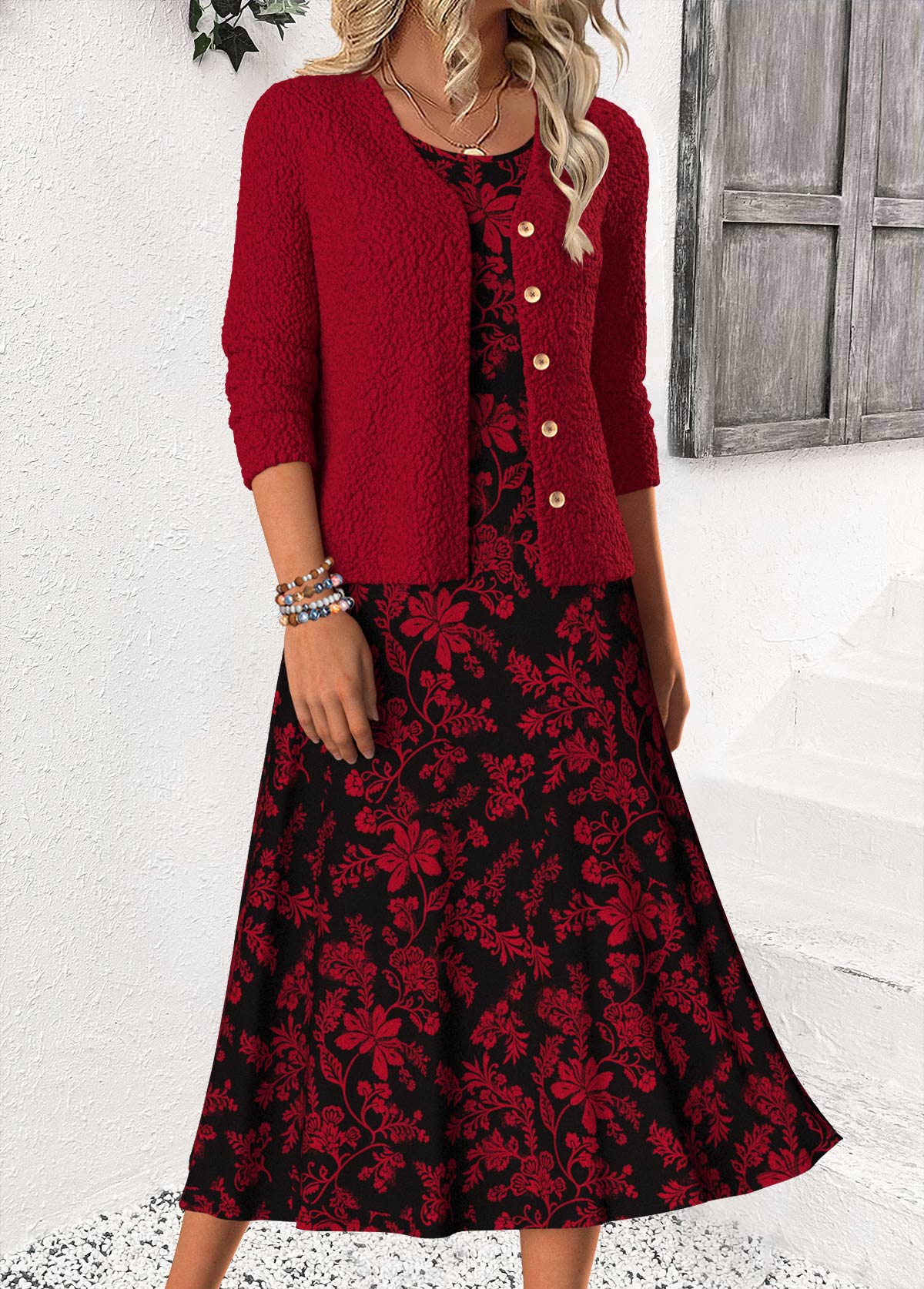 Modlily Wine Red Tummy Coverage Floral Print Bracelet Sleeve Dress - S