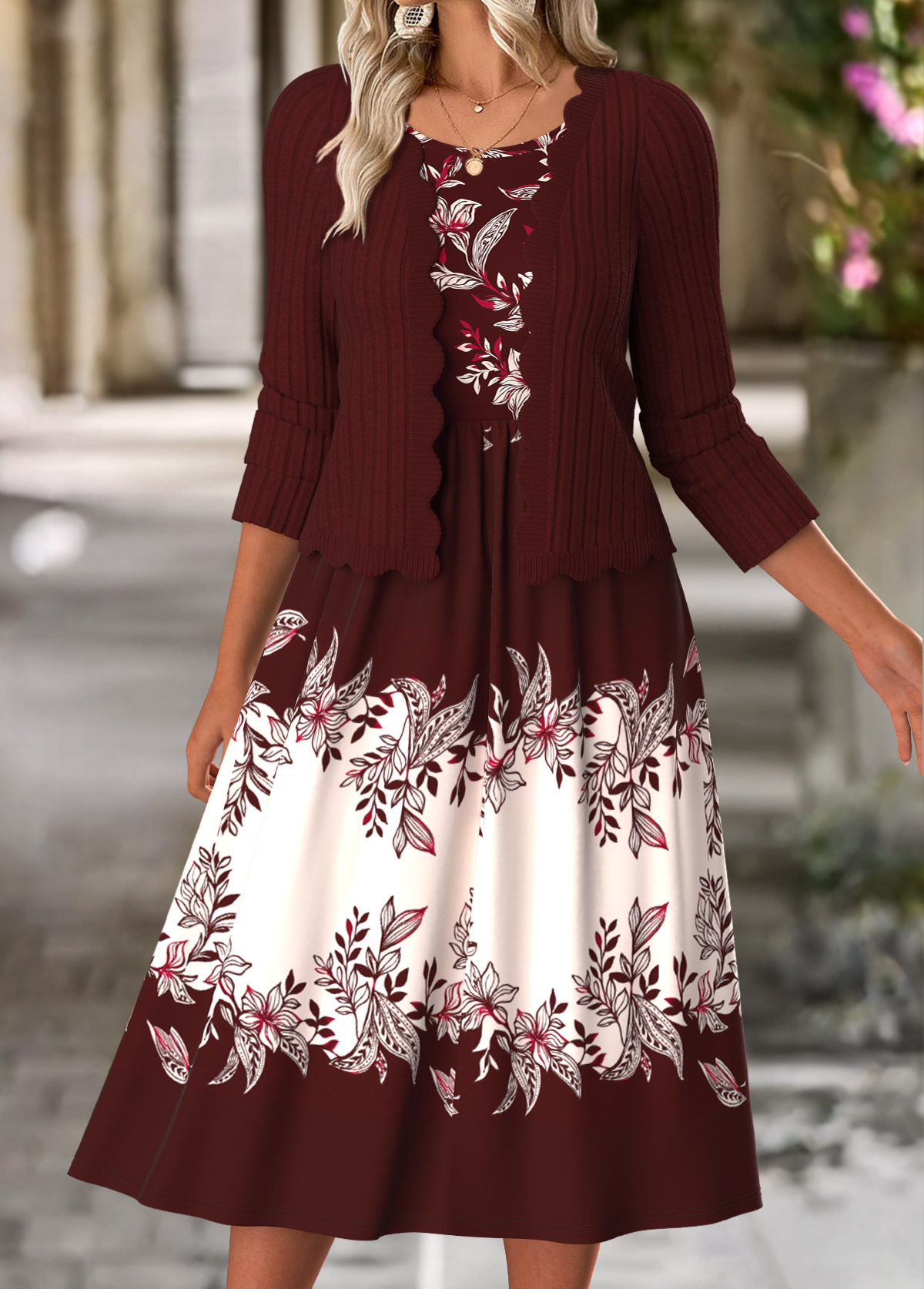 Modlily Wine Red Tummy Coverage Floral Print Dress and Cardigan - M