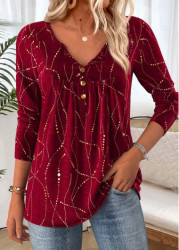 Modlily Wine Red Tummy Coverage Geometric Print T Shirt - L