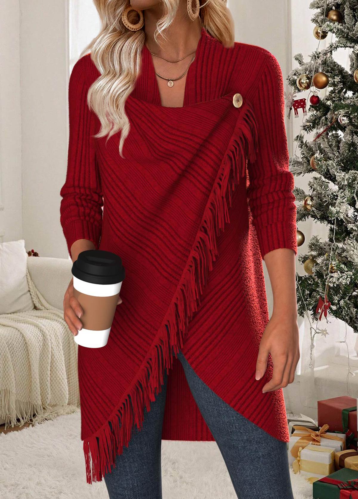 Modlily Wine Red Tummy Coverage Long Sleeve Draped Neck Coat - S