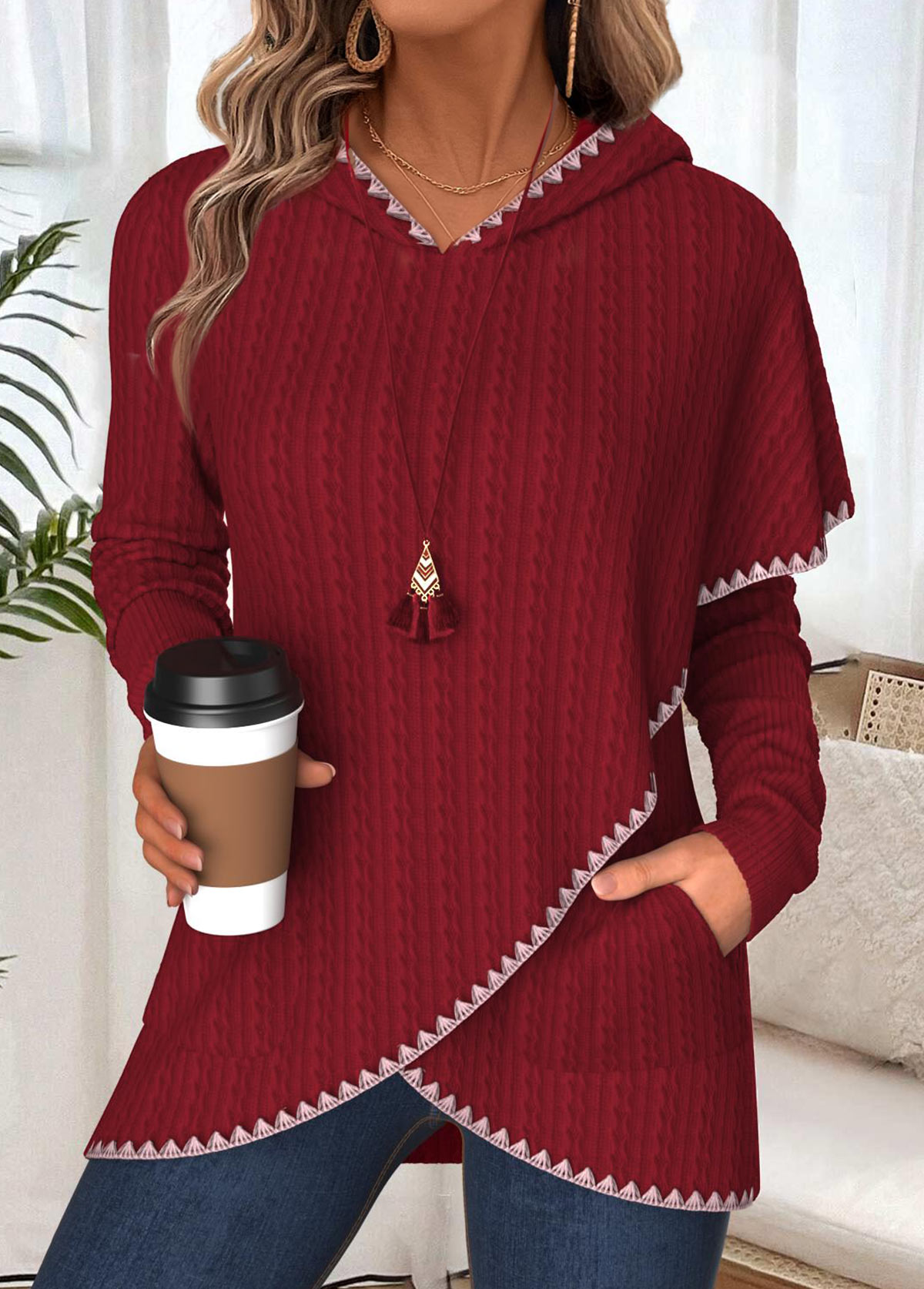 Modlily Wine Red Tummy Coverage Long Sleeve Hoodie - S