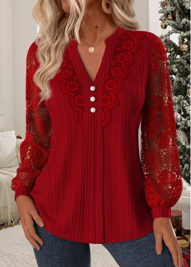 Modlily Wine Red Tummy Coverage Long Sleeve Split Neck Blouse - S