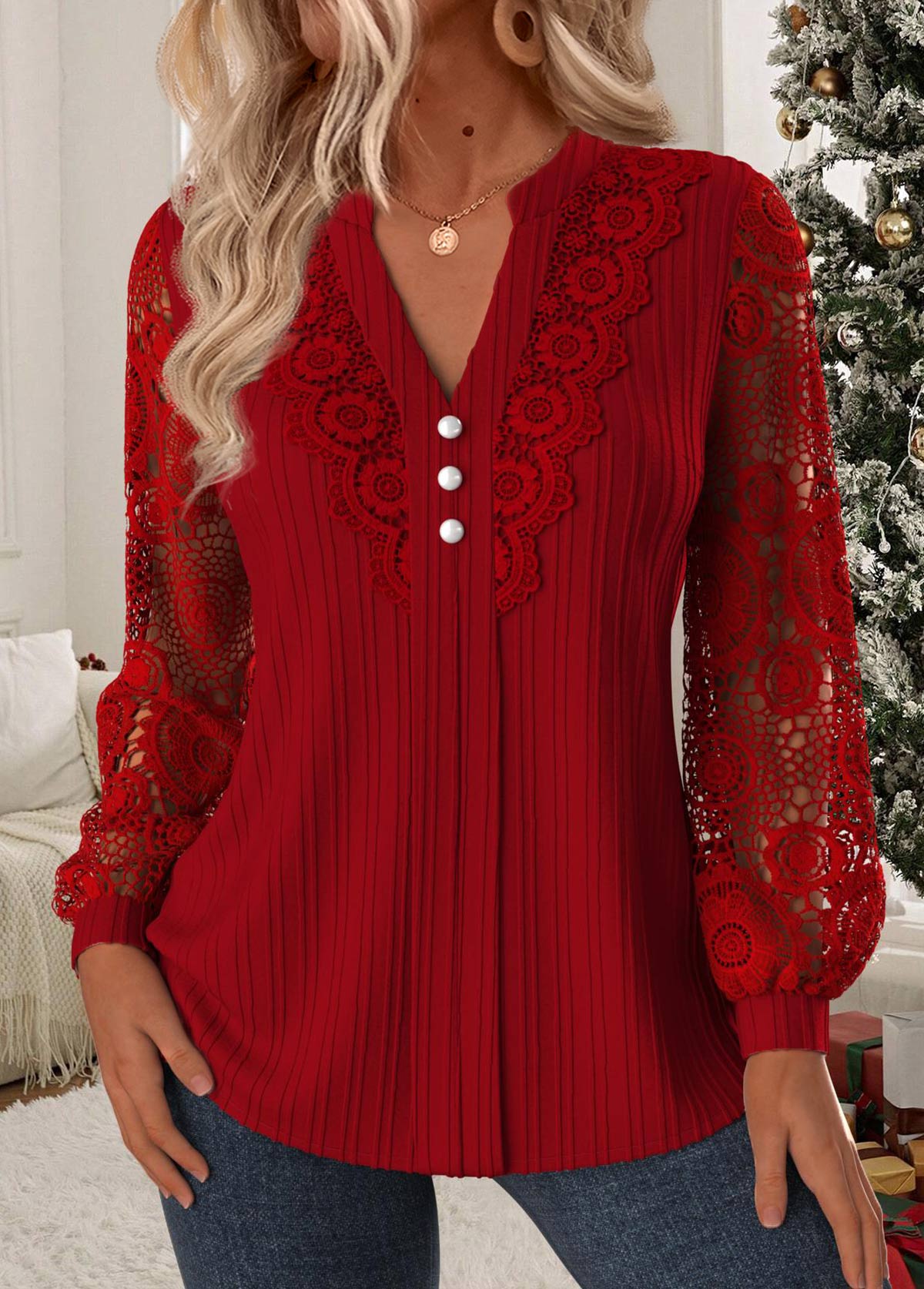 Modlily Wine Red Tummy Coverage Long Sleeve Split Neck Blouse - M