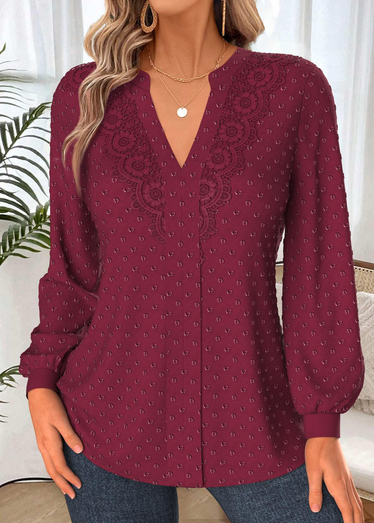 Modlily Wine Red Tummy Coverage Long Sleeve Split Neck Shirt - XXL