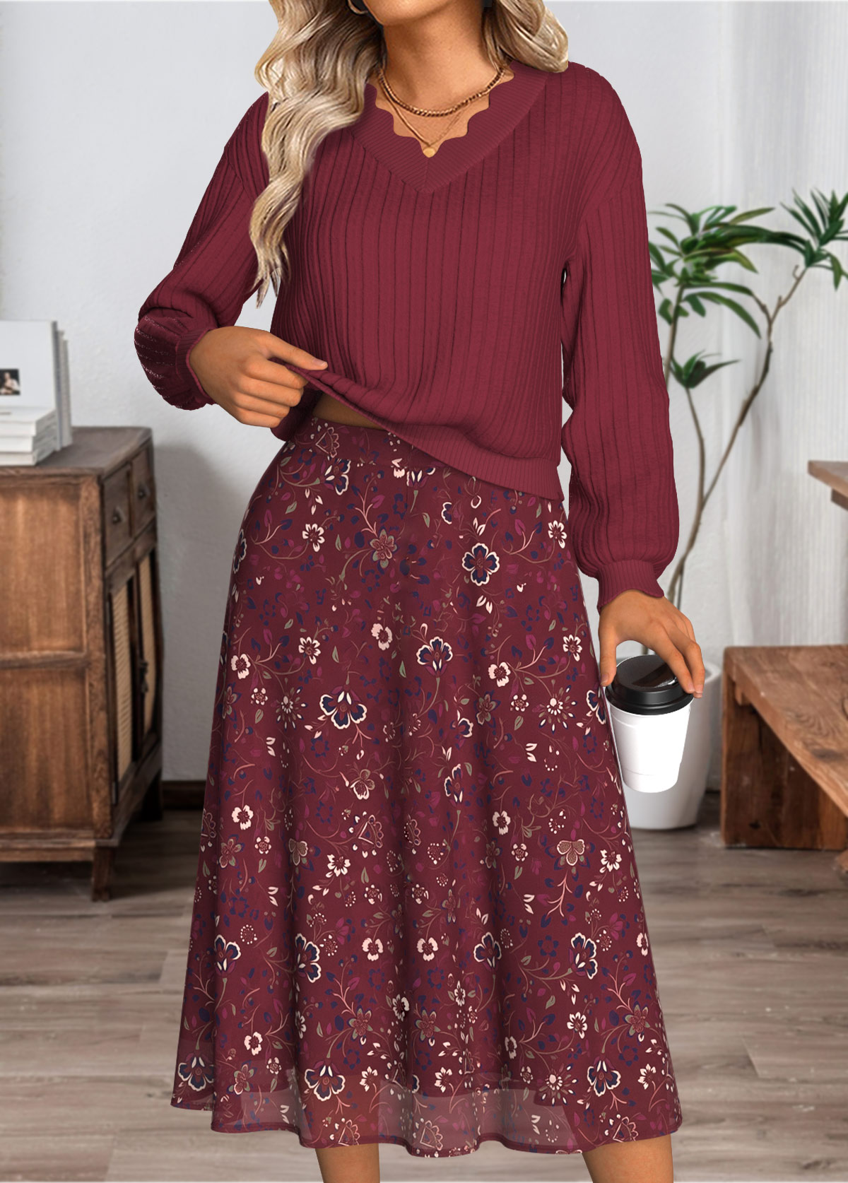 Modlily Wine Red Tummy Coverage Long Sleeve Top and Skirt - S