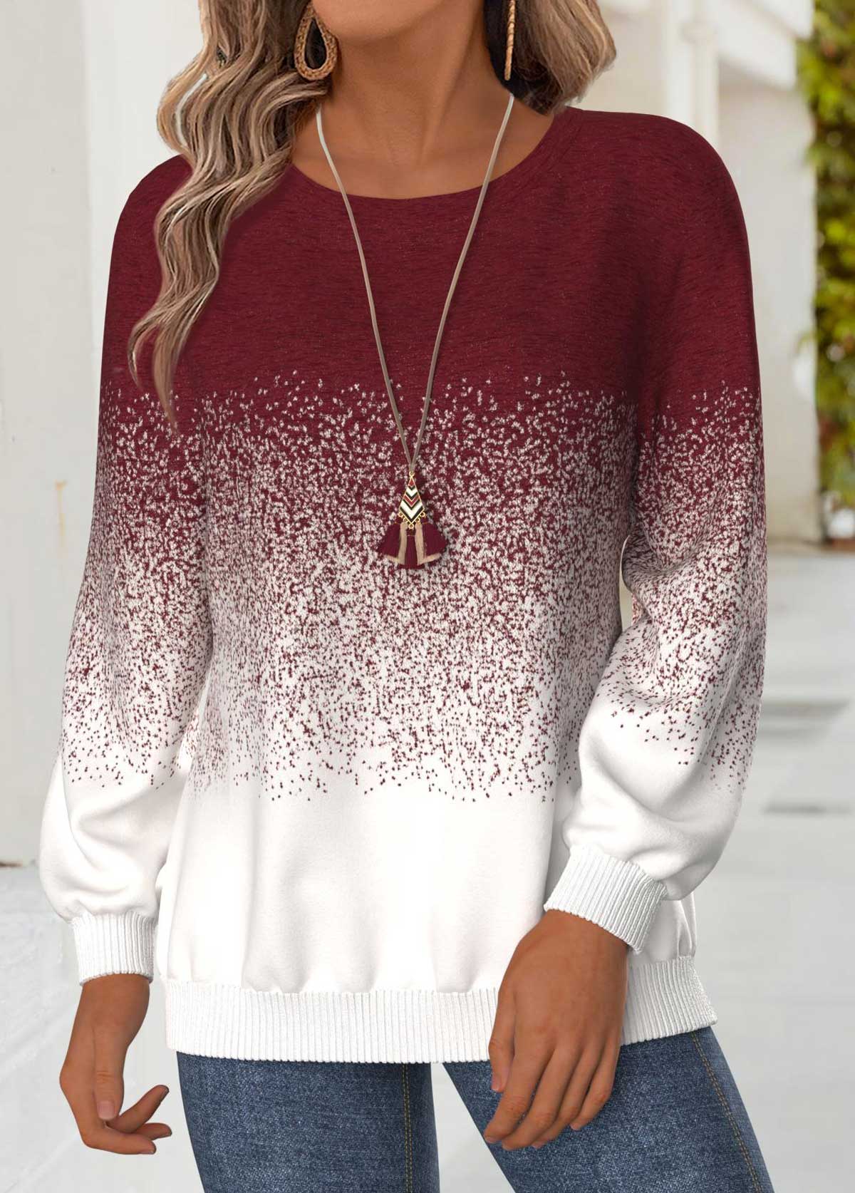 Modlily Wine Red Tummy Coverage Ombre Long Sleeve Sweatshirt - S