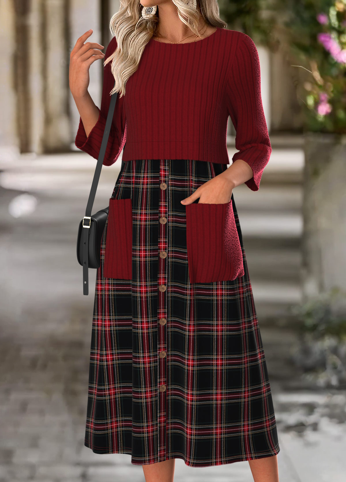 Modlily Wine Red Tummy Coverage Plaid Long Sleeve Dress - M
