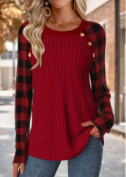 Modlily Wine Red Tummy Coverage Plaid Long Sleeve T Shirt - S
