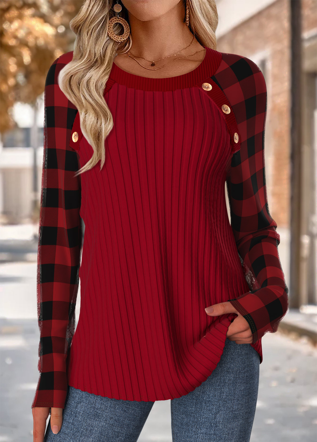 Modlily Wine Red Tummy Coverage Plaid Long Sleeve T Shirt - M