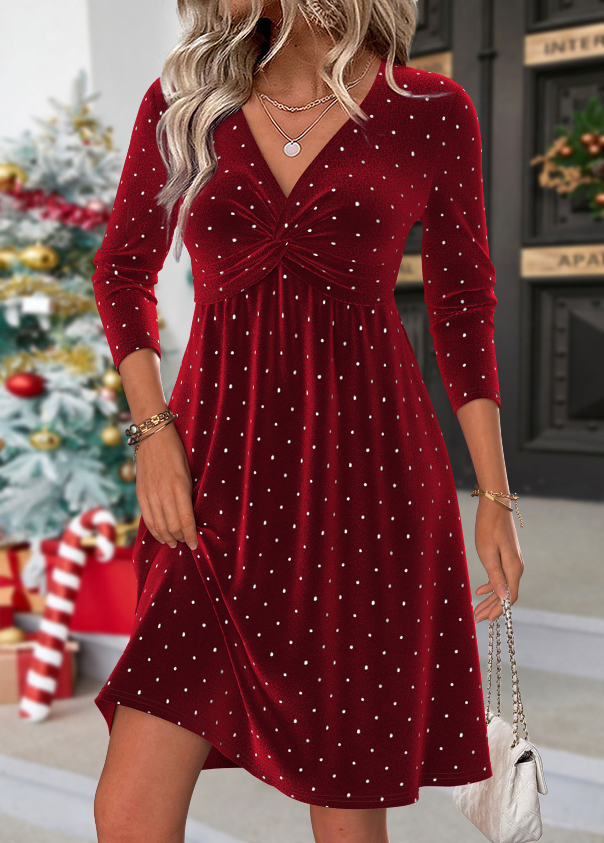 Modlily Wine Red Tummy Coverage Short Long Sleeve Dress - S