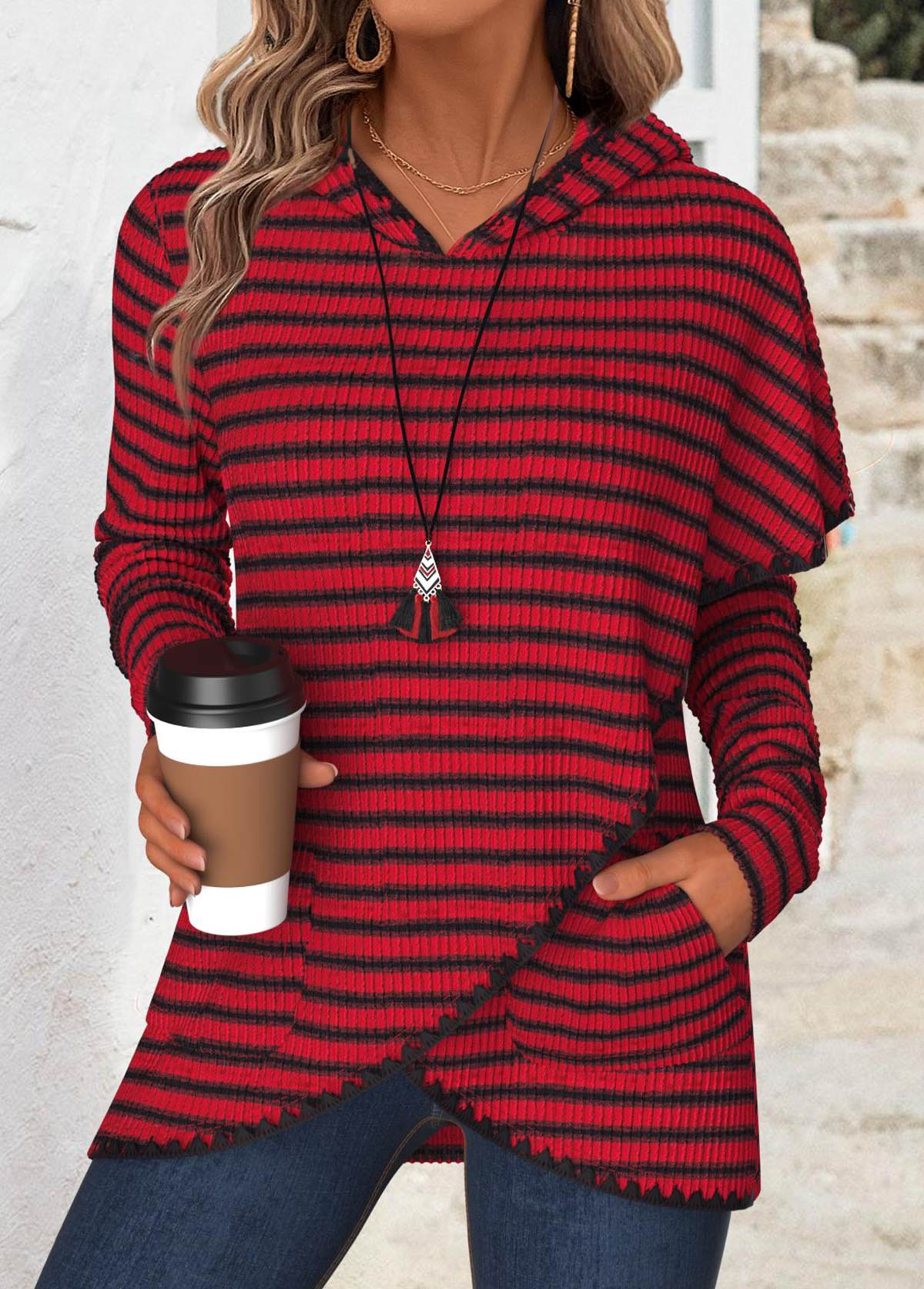 Modlily Wine Red Tummy Coverage Striped Long Sleeve Hoodie - M