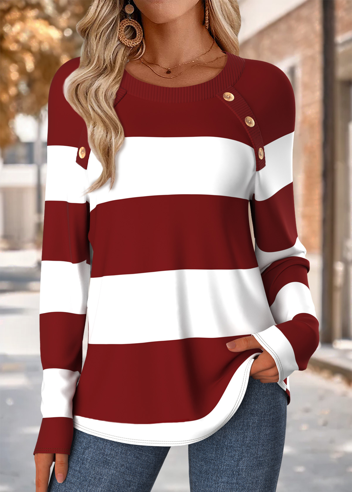 Modlily Wine Red Tummy Coverage Striped Long Sleeve T Shirt - XXL