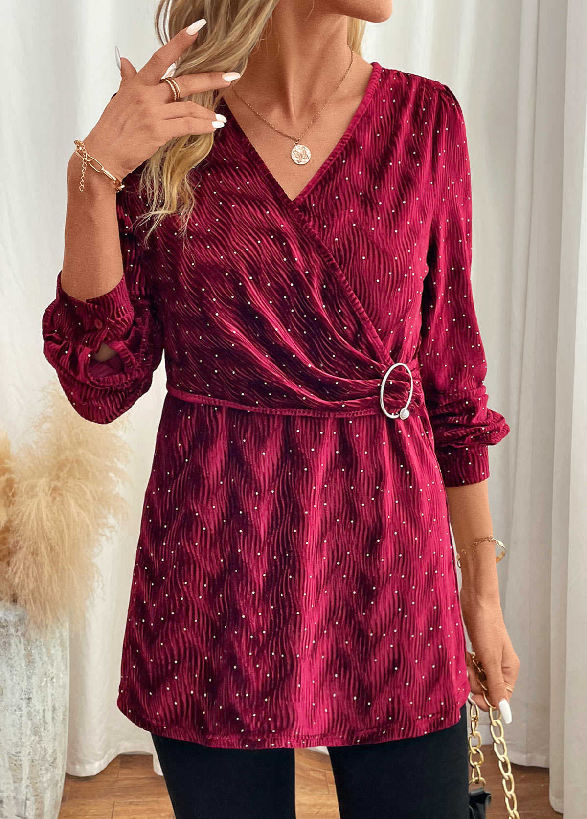 Modlily Wine Red Velvet Long Sleeve V Neck Blouse - M