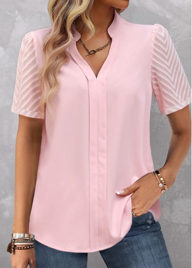 Modlily Women Casual Pink Blouse Split Neck Short Sleeve Blouse - XXL