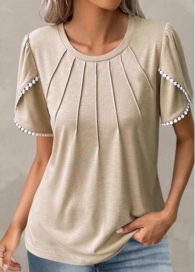 Modlily Women Light Camel Shirt Patchwork Round Neck Ruffle Short Sleeve T Shirt - M
