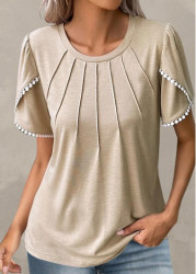 Modlily Women Light Camel Shirt Patchwork Round Neck Ruffle Short Sleeve T Shirt - M