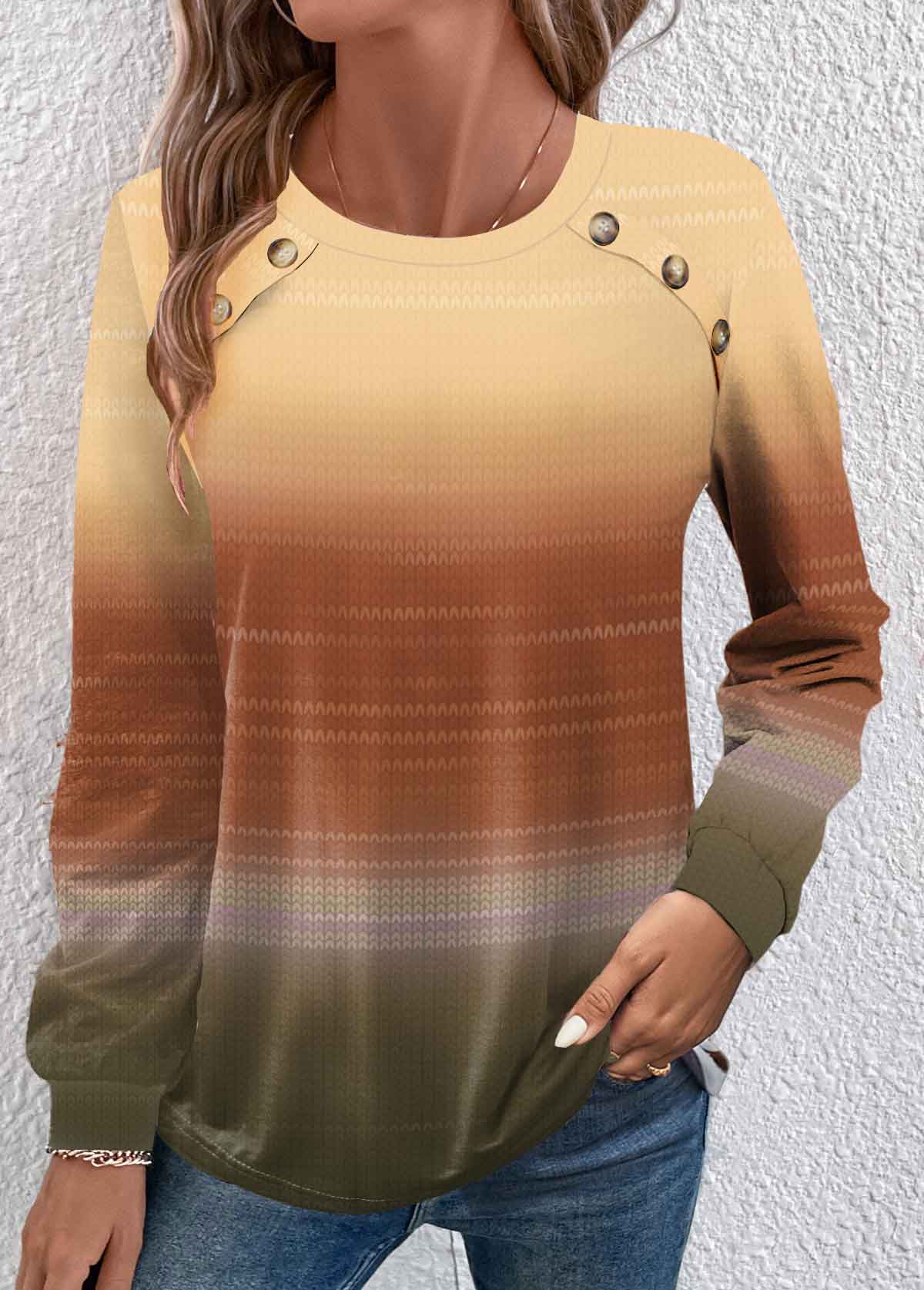 Modlily Yellow Button Ombre Long Sleeve Round Neck T Shirt - M