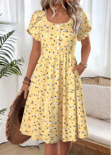 Modlily Yellow Ditsy Floral Print Short Sleeve Boat Neck Dress - M