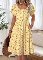 Modlily Yellow Ditsy Floral Print Short Sleeve Boat Neck Dress - M