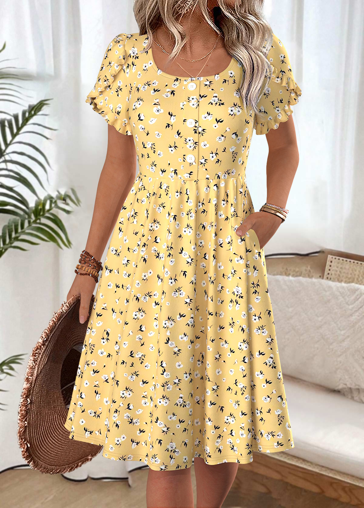 Modlily Yellow Ditsy Floral Print Short Sleeve Boat Neck Dress - M