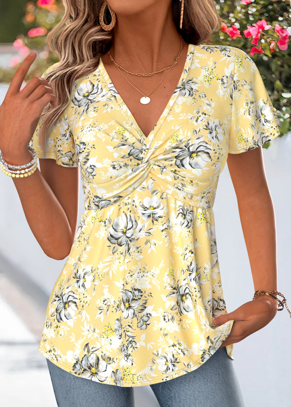 Modlily Yellow Floral Print Twist Short Sleeve T Shirt - S