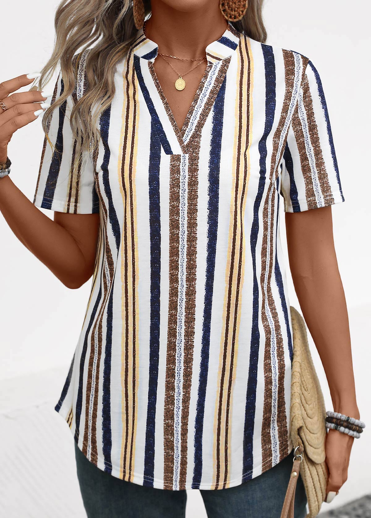 Modlily Yellow Lightweight Striped Short Sleeve Split Neck Blouse - S