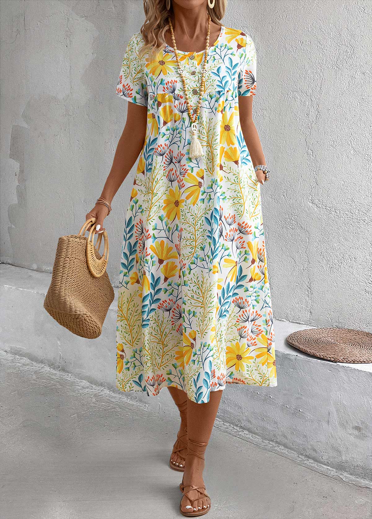 Modlily Yellow Pocket Floral Print A Line Short Sleeve Dress - M