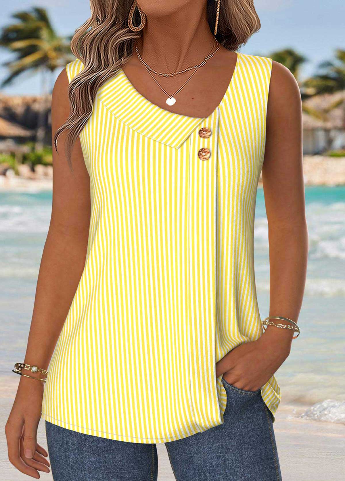 Modlily Yellow Striped Patchwork Sleeveless Asymmetrical Neck Tank Top - S
