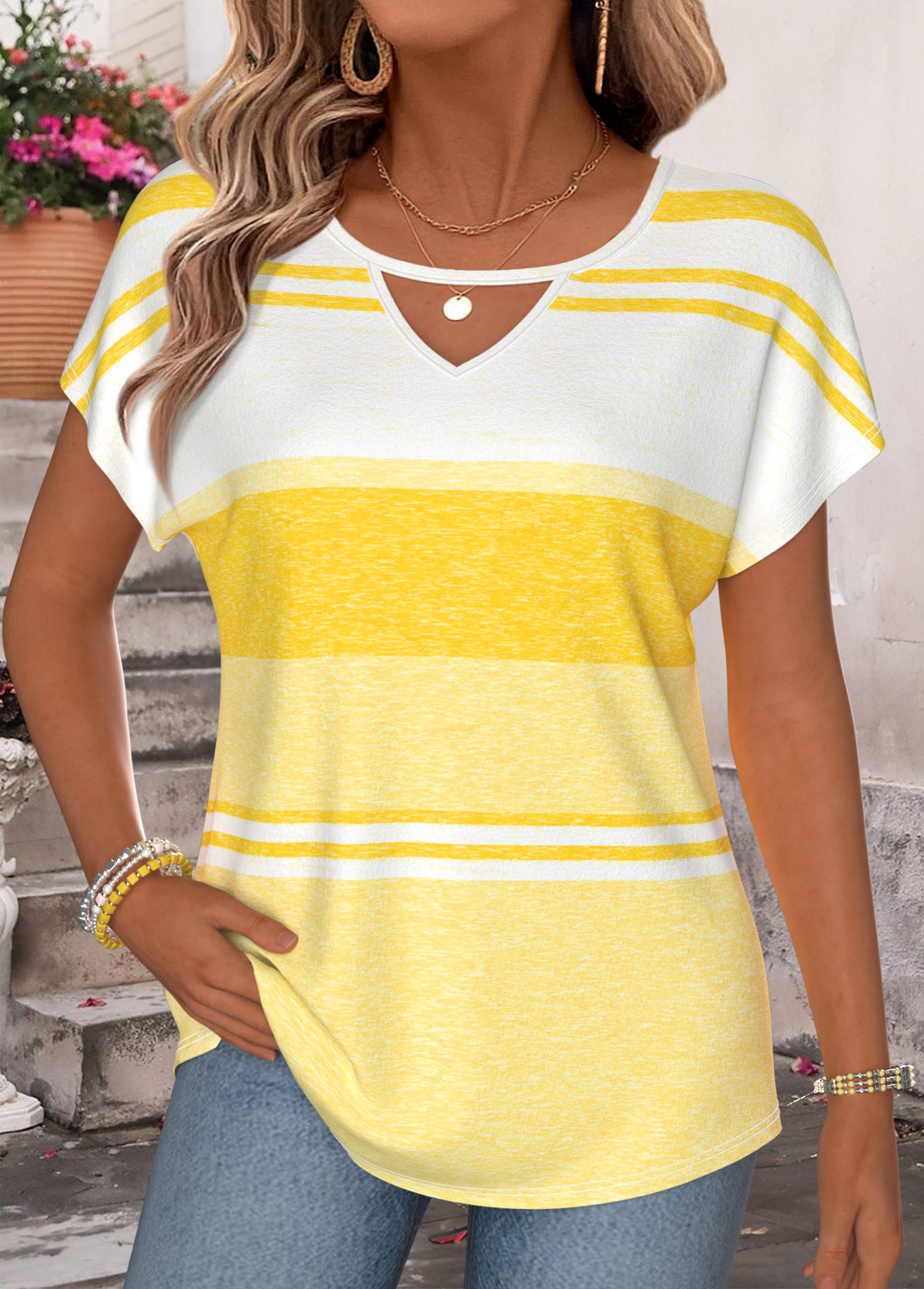 Modlily Yellow Striped Short Sleeve Round Neck T Shirt - M