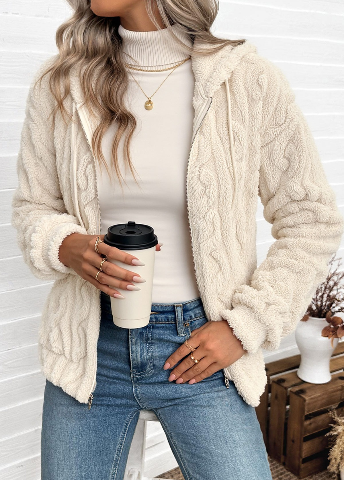 Modlily Zipper Beige Tummy Coverage Long Sleeve Hooded Coat - XXL