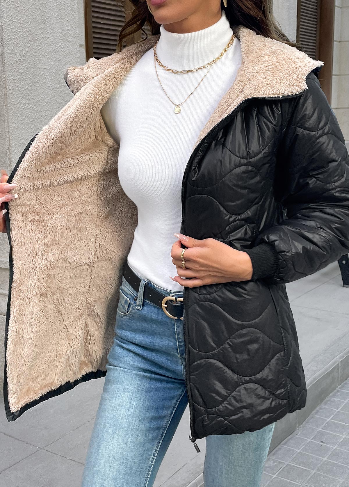 Modlily Zipper Black Tummy Coverage Long Sleeve Hooded Coat - S