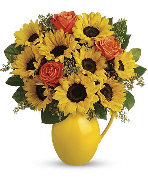 Multi-Colored | Mixed Bouquets | Sunny Day Pitcher Of Sunflowers Bouquet | Same Day Flower Delivery by Teleflora
