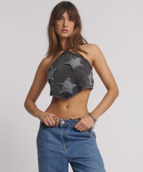 One Teaspoon Applique Star Halter Crop Top - Washed Black