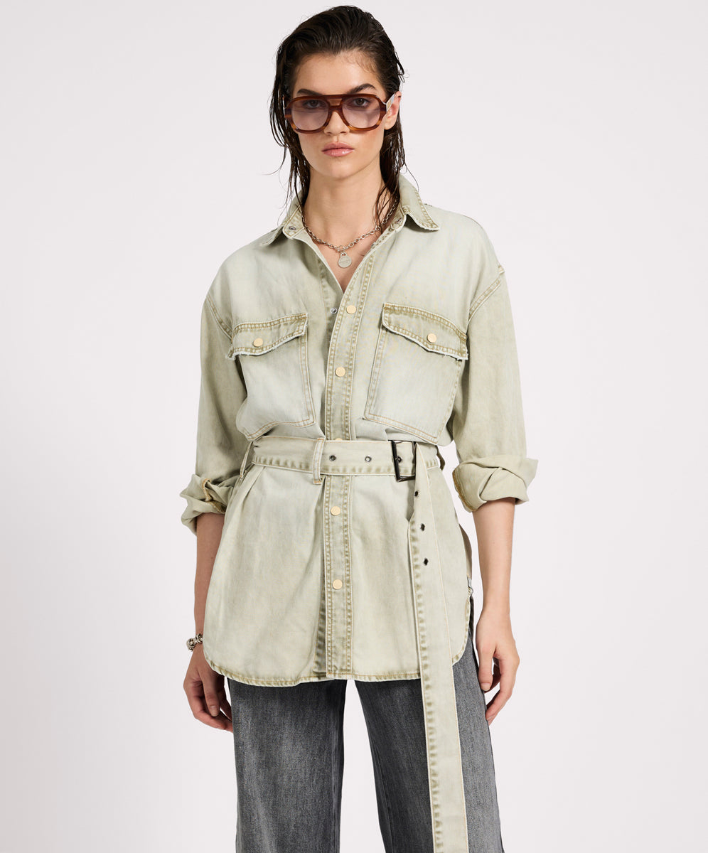 One Teaspoon Belted Longline Denim Shirt - Antique Khaki