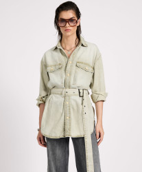 One Teaspoon Belted Longline Denim Shirt - Antique Khaki