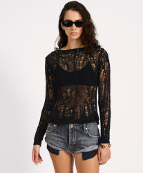 One Teaspoon Cinched In Laddered Longsleeve Knit Top - Black