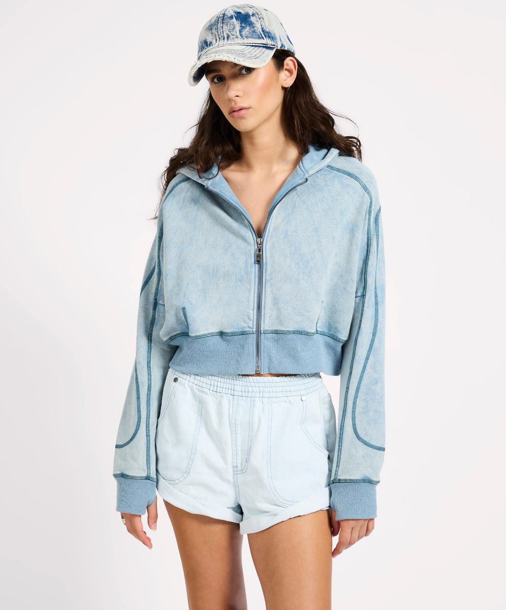 One Teaspoon Cropped Fleece Zip Hoody - Washed Blue