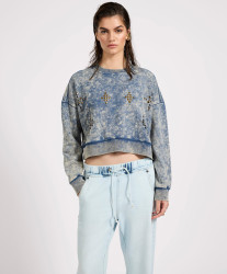 One Teaspoon Fleece Cropped Star Studded Sweater - Acid Wash Blue