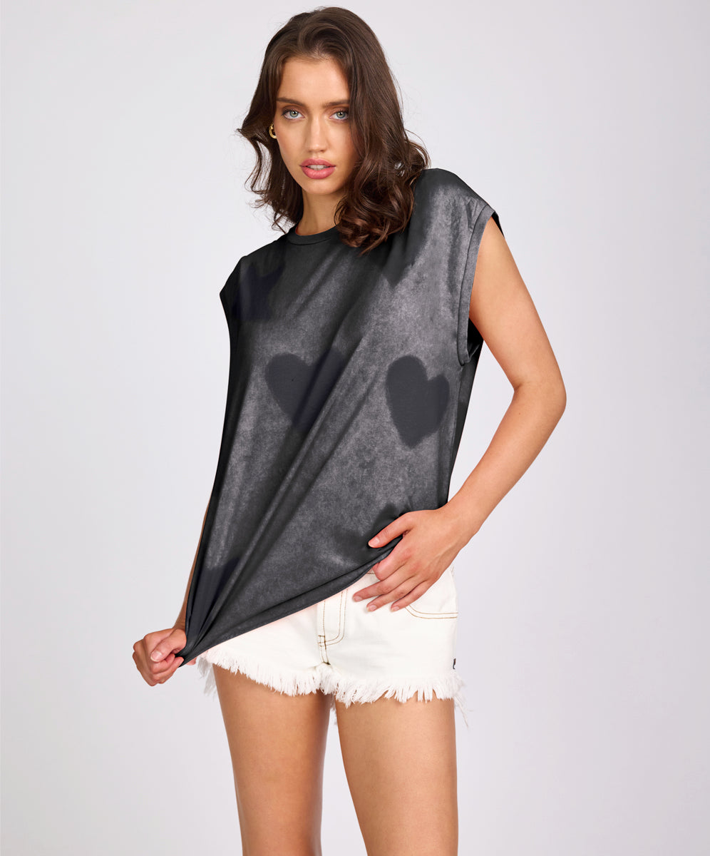 One Teaspoon Heart And Star Stencil Tank Top - Charcoal