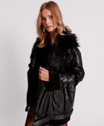 One Teaspoon Leather Faux Fur Aviator Jacket - Black