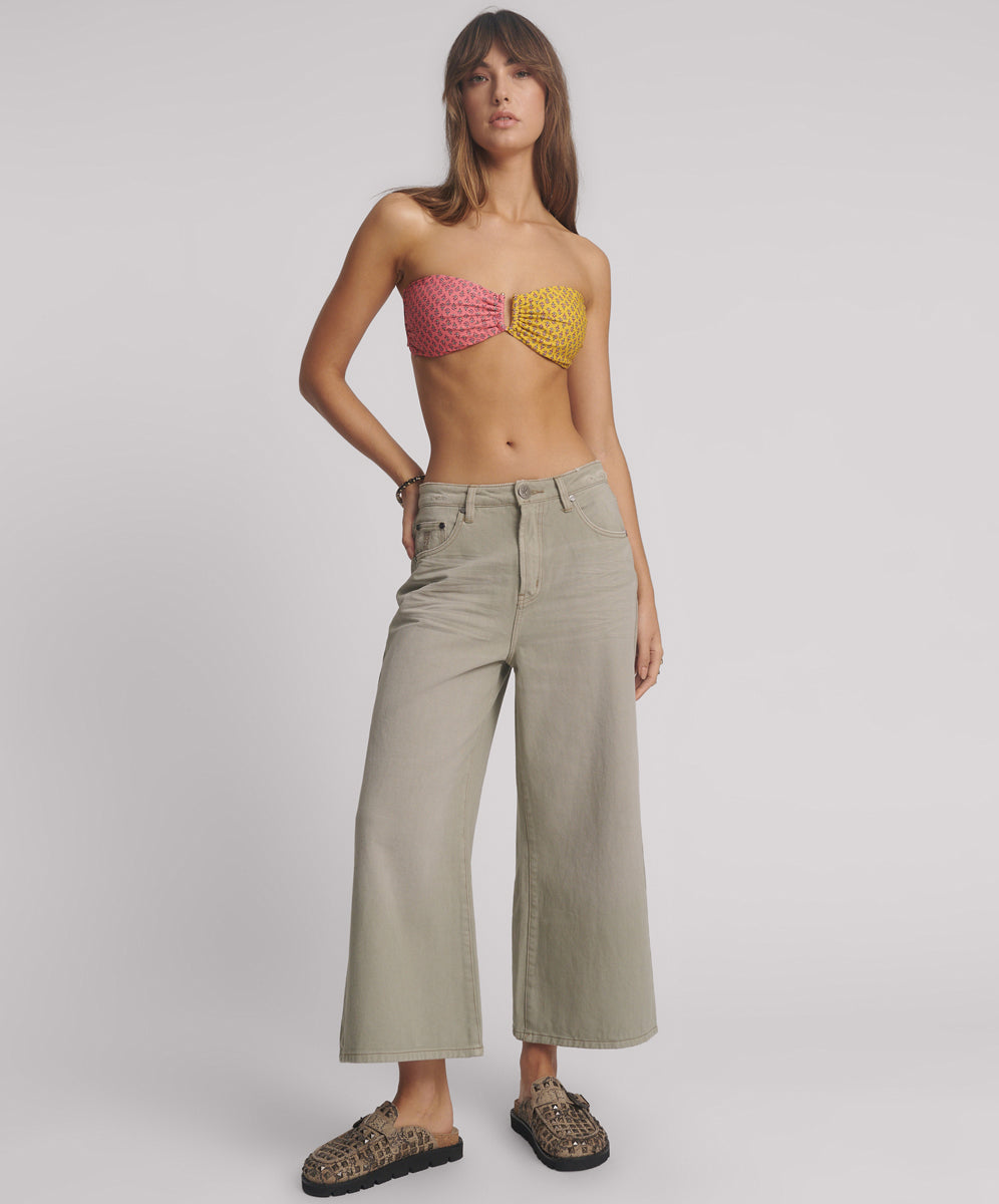 One Teaspoon Love Machines Mid Waist Super Wide Leg Cropped Denim Jeans - Faded Khaki