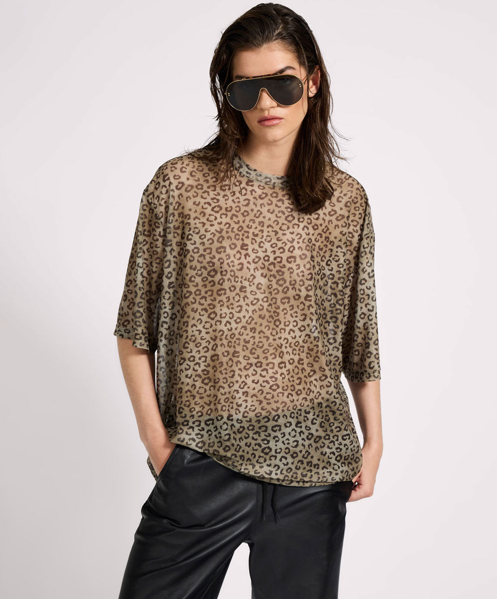 One Teaspoon Mesh Oversized Kobe Tee - Khaki Cheetah Print