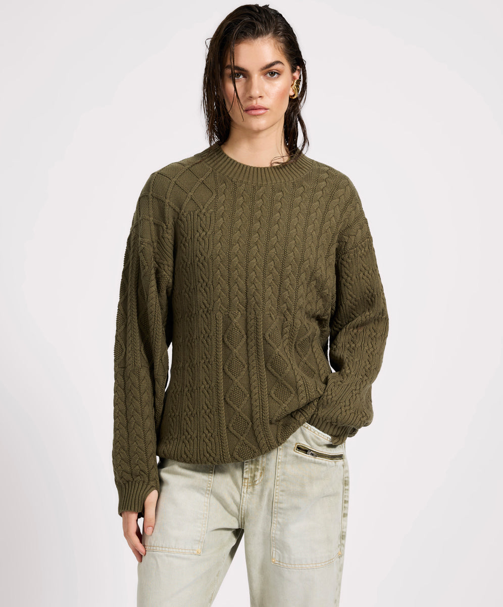 One Teaspoon Mixed Cable Cotton Knit Sweater - Khaki