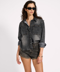 One Teaspoon Nixie Eyelet Classic Fit Denim Shirt - Charcoal Black